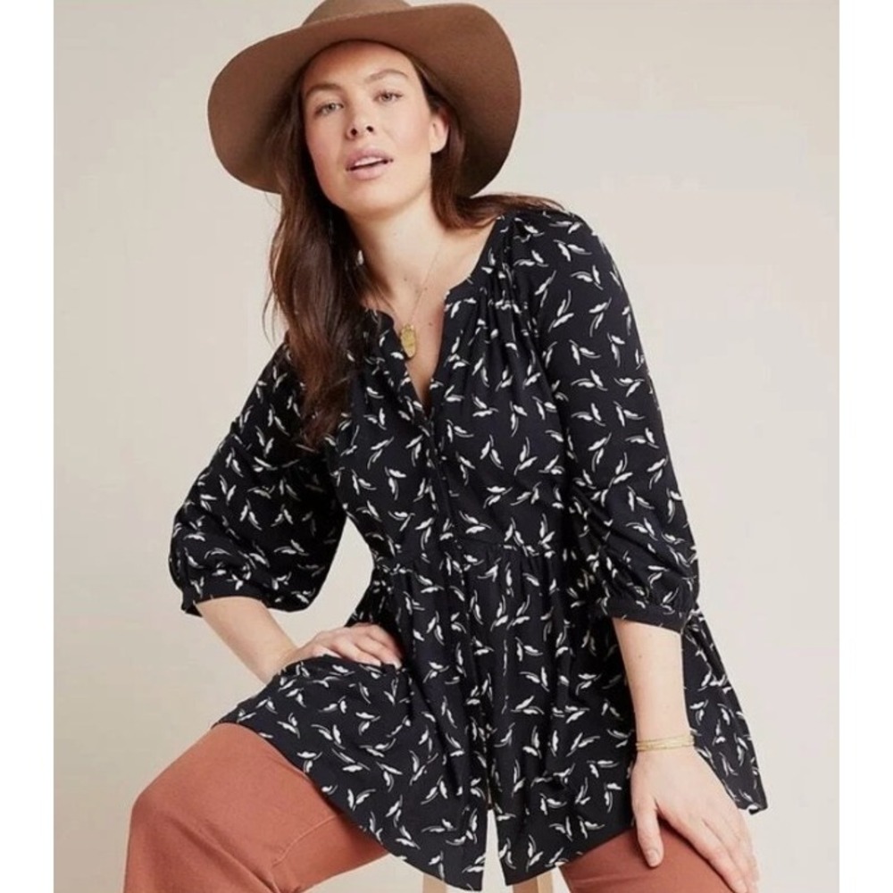 Maeve Anthropologie Tunic Top Womens Small Navy Blue Leaf Print Babydoll V-Neck